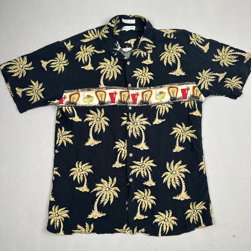 80s Vintage 100% Rayon Pierre Cardin Button Up Shirt Mens Medium Black Tropical - Picture 1 of 10